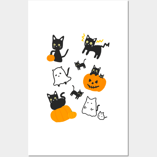 Halloween Black Cat and Pumpkin Ghost Kawaii Cute Anime Manga Logo Art Wall Art by Marinaaa010